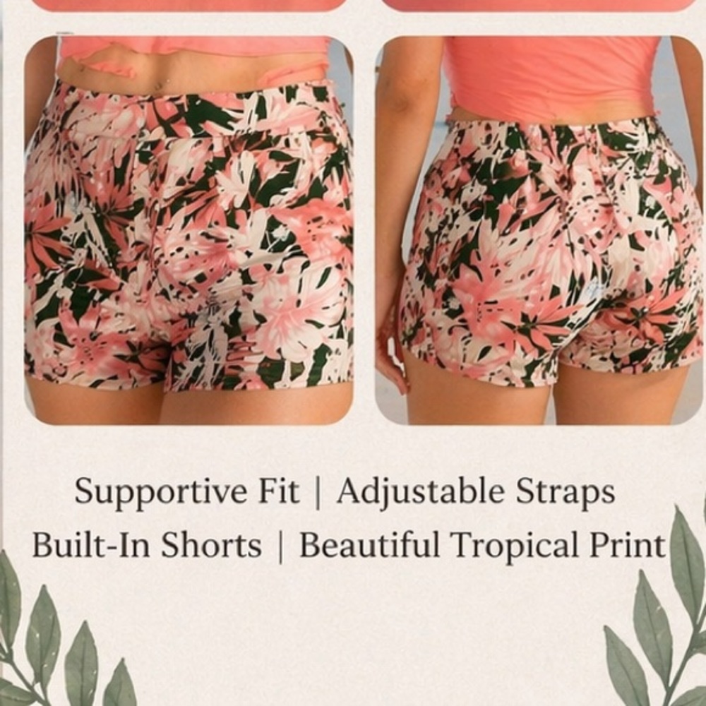 Coral Pink Tankini Set XXL Tropical Shorts Ruched Top Swimwear - Picture 4 of 4